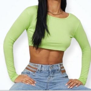 PrettyLittleThing Lime Green Basic Long Sleeve Crop Top Size 6